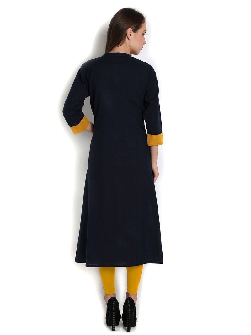 Indibelle blue solid cotton slub front cut kurta