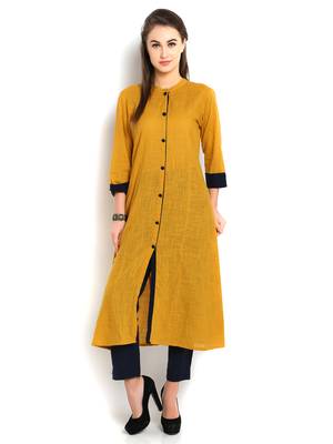 Indibelle yellow solid cotton slub front cut kurta 1
