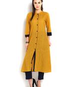 Indibelle yellow solid cotton slub front cut kurta