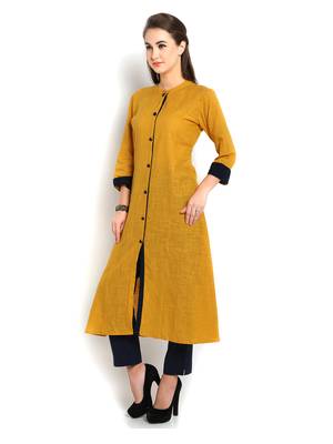 Indibelle yellow solid cotton slub front cut kurta 2