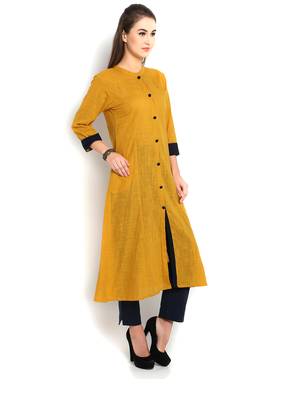Indibelle yellow solid cotton slub front cut kurta 3