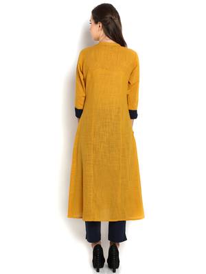Indibelle yellow solid cotton slub front cut kurta 4