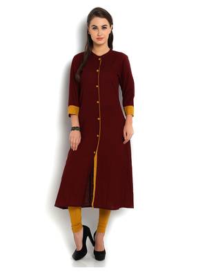 Indibelle maroon solid cotton slub front cut kurta 1