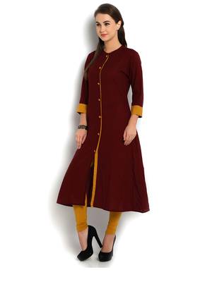 Indibelle maroon solid cotton slub front cut kurta 2