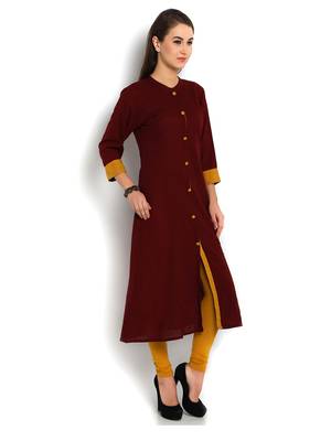 Indibelle maroon solid cotton slub front cut kurta 3