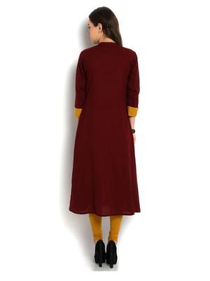 Indibelle maroon solid cotton slub front cut kurta 4