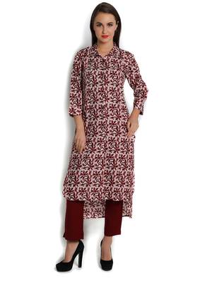 Indibelle maroon printed cotton straight kurta 1