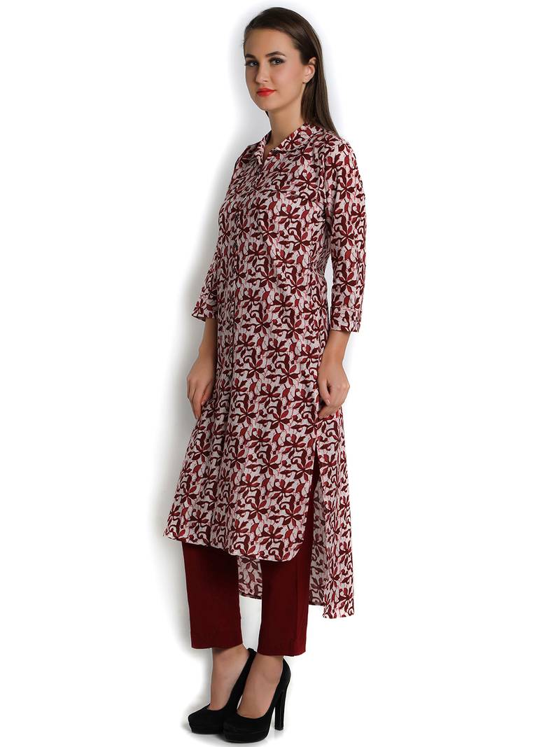 Indibelle maroon printed cotton straight kurta