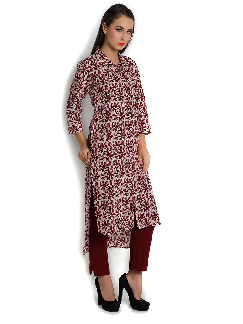 Indibelle maroon printed cotton straight kurta