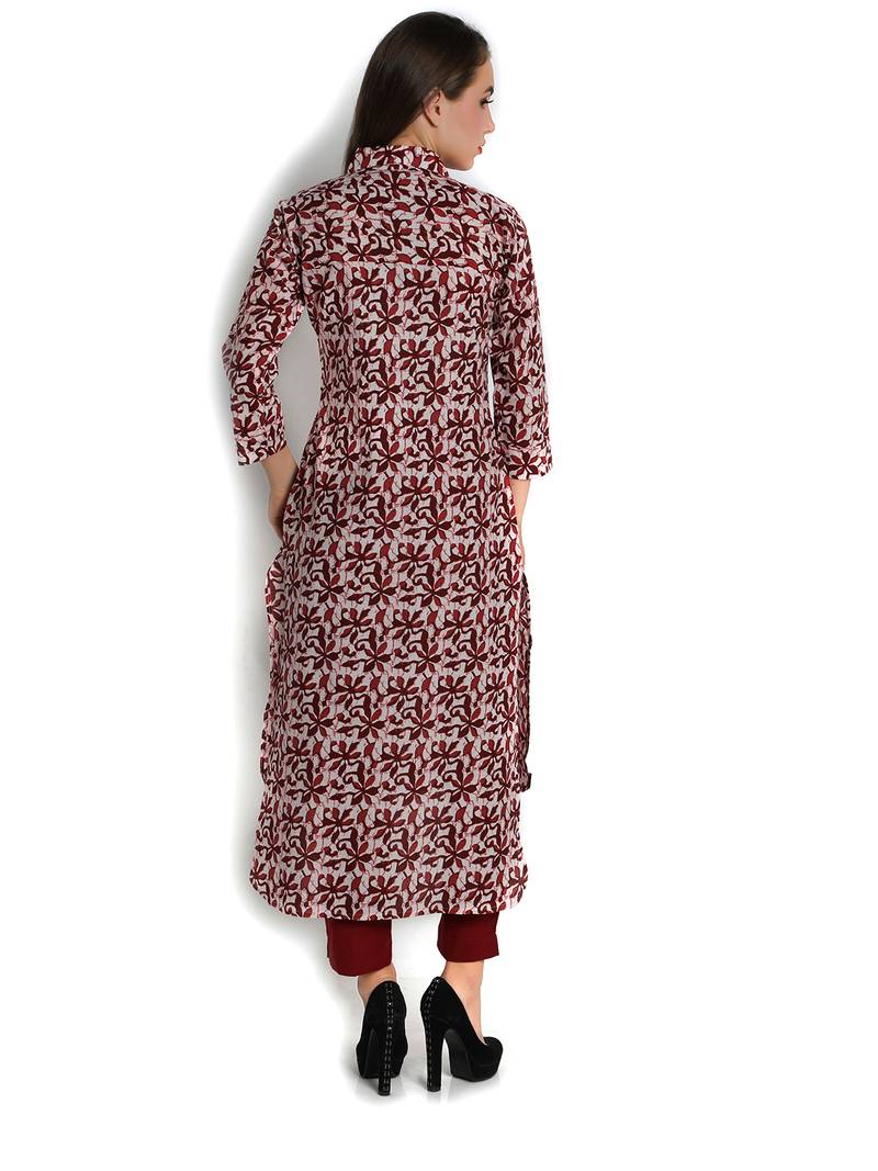 Indibelle maroon printed cotton straight kurta