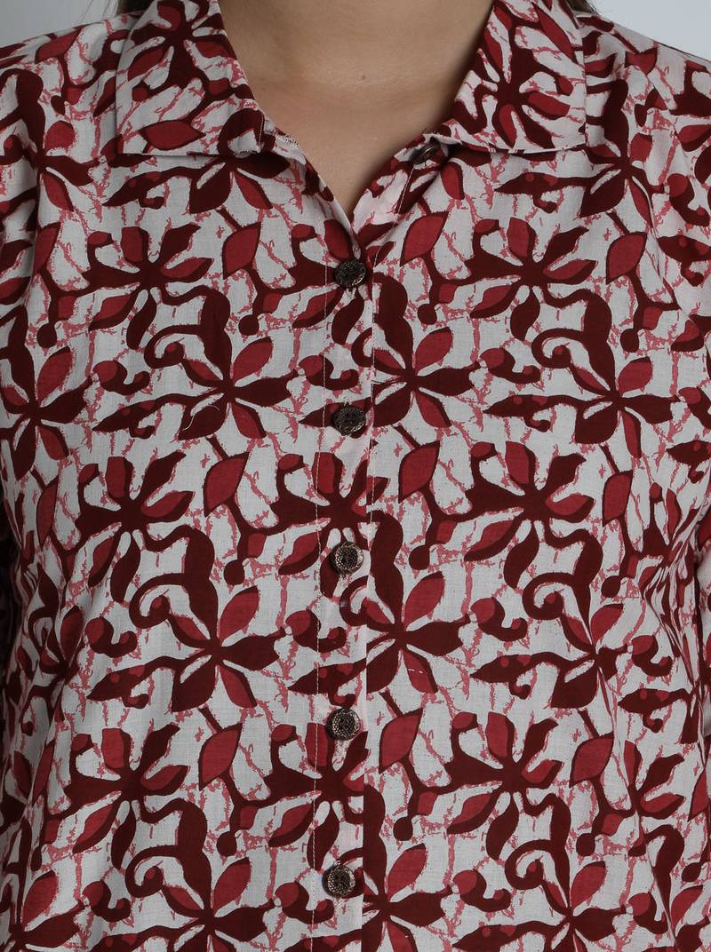 Indibelle maroon printed cotton straight kurta