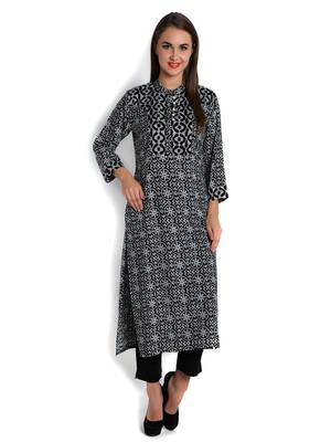 Indibelle black rayon printed straight long kurta 1