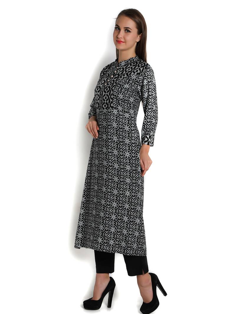 Indibelle black rayon printed straight long kurta