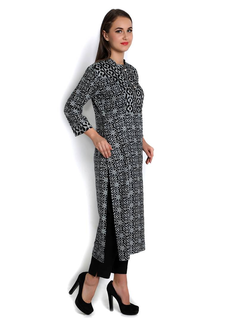 Indibelle black rayon printed straight long kurta