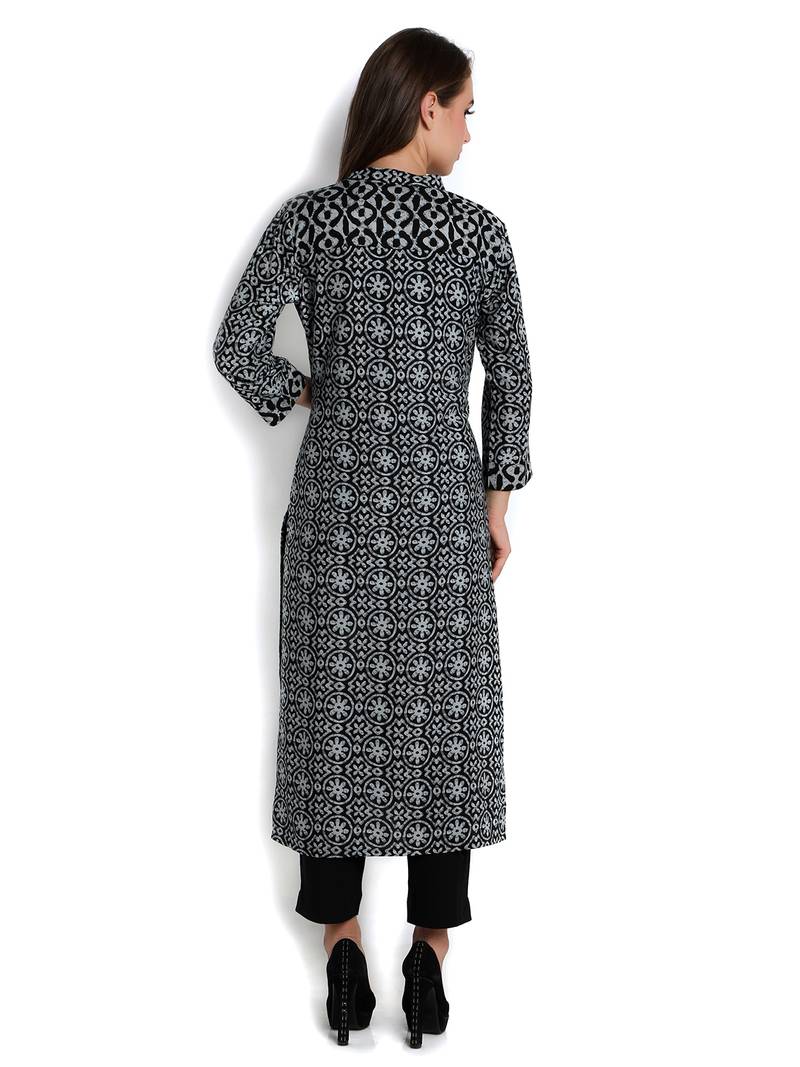 Indibelle black rayon printed straight long kurta