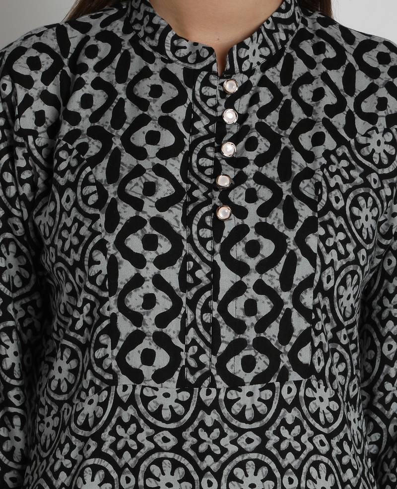 Indibelle black rayon printed straight long kurta
