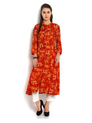orange abstract printed rayon A-Line kurta 1