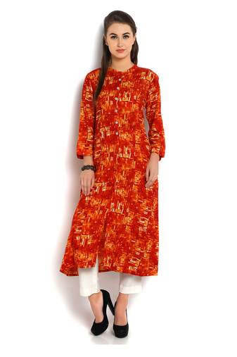Indibelle orange abstract printed rayon A-Line kurta