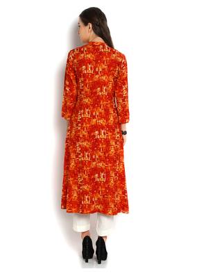 orange abstract printed rayon A-Line kurta 4