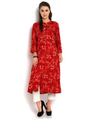 Indibelle red abstract printed rayon A-Line kurta 1