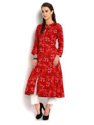 Indibelle red abstract printed rayon A-Line kurta 3