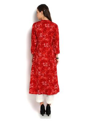 Indibelle red abstract printed rayon A-Line kurta 4