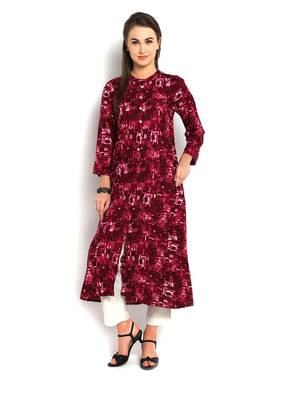 Indibelle purple abstract printed rayon A-Line kurta 1