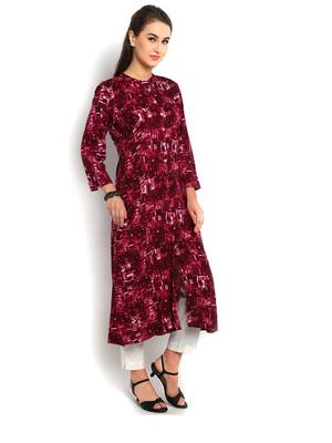 Indibelle purple abstract printed rayon A-Line kurta 2