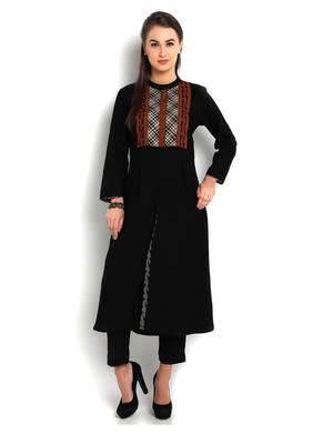 Indibelle black solid rayo front cut kurta 1