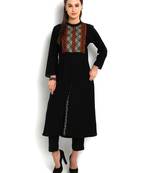 Indibelle black solid rayo front cut kurta