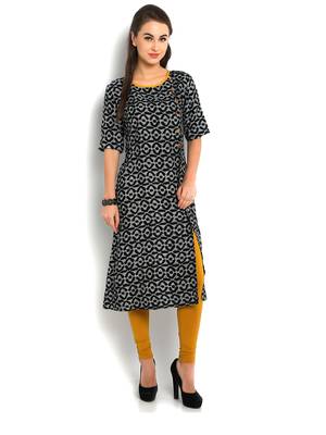 black printed rayon One side slit kurta 1