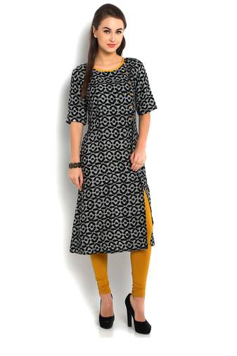 Indibelle black printed rayon One side slit kurta