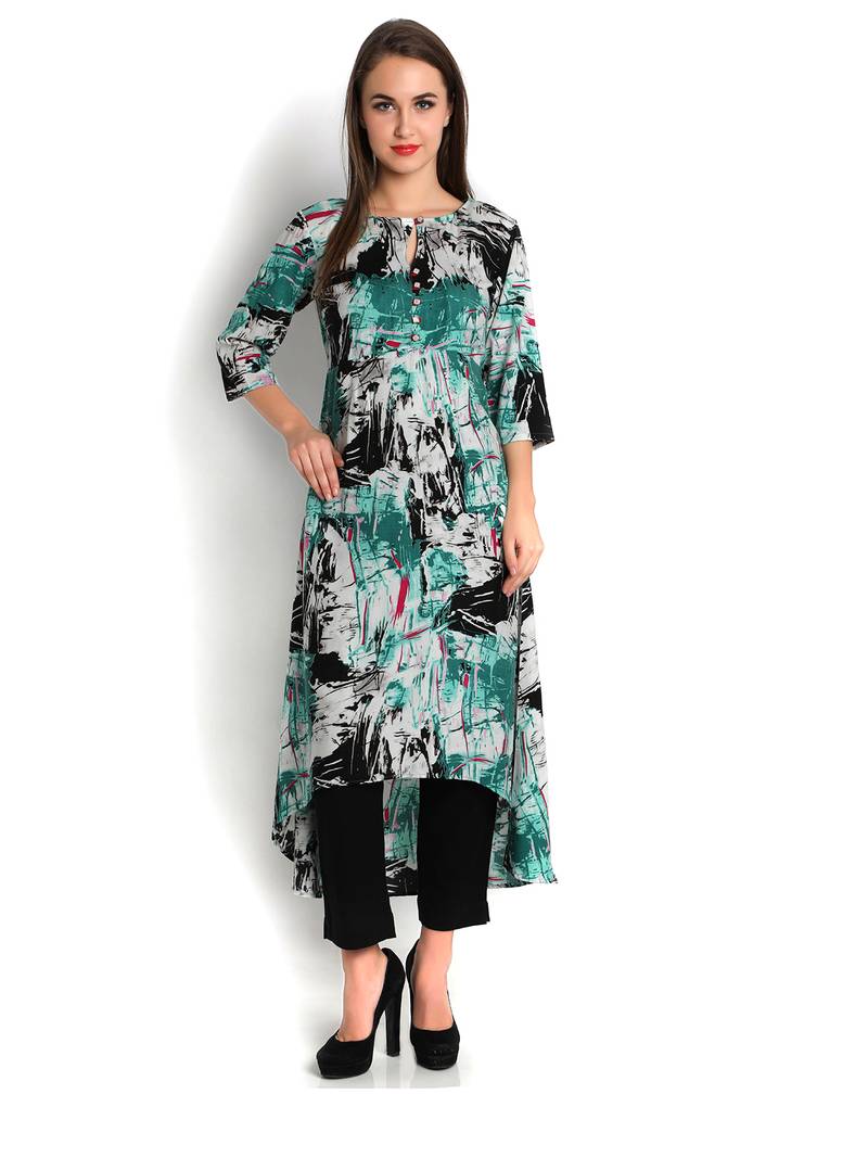 Indibelle green printed rayon c-cut kurta