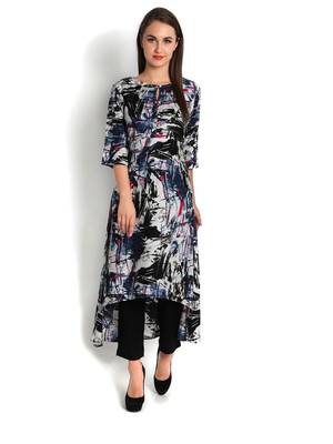 Indibelle blue printed rayon c-cut kurta 1