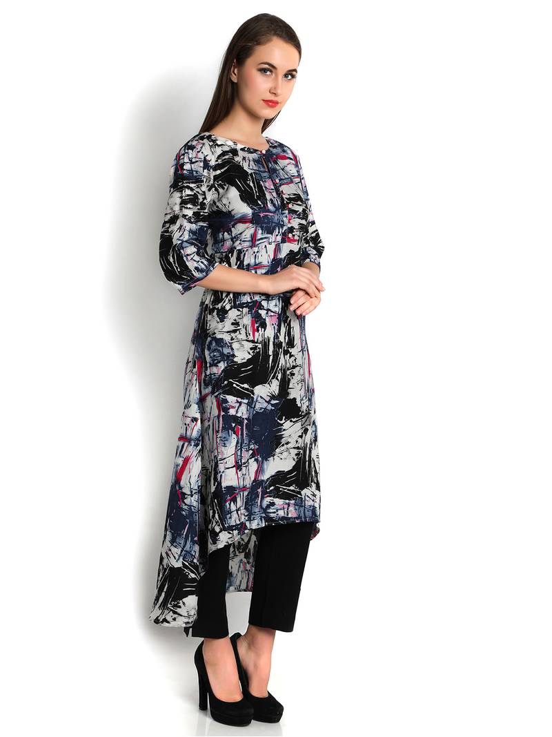 Indibelle blue printed rayon c-cut kurta