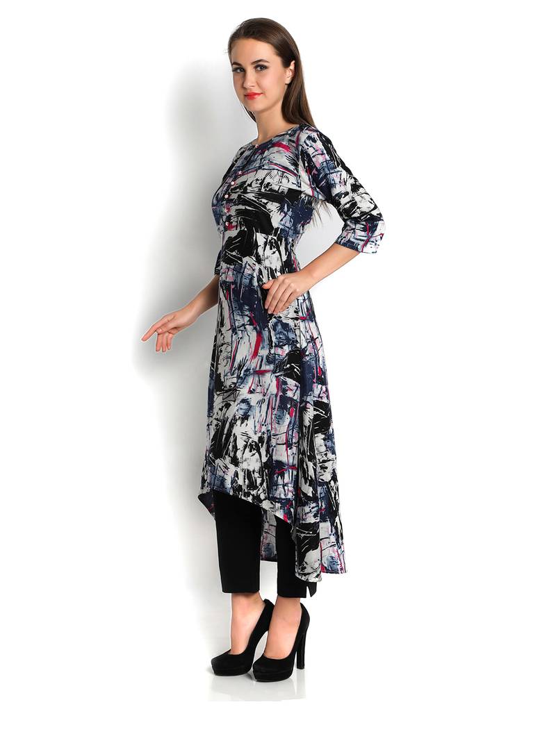 Indibelle blue printed rayon c-cut kurta