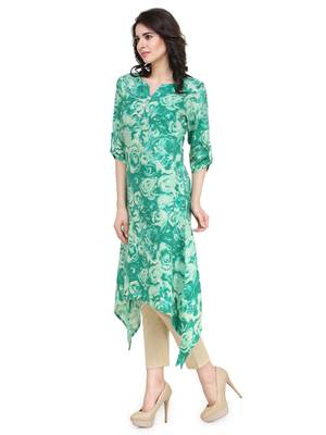 Indibelle green flower printed rayon assymatrical kurta 5
