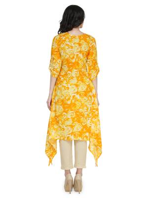 Indibelle yellow flower printed rayon assymatrical kurta 3