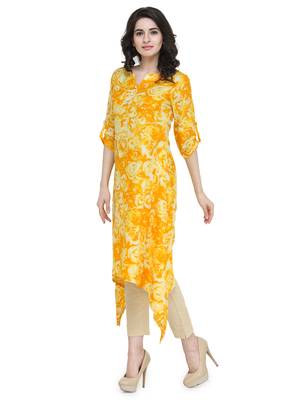 Indibelle yellow flower printed rayon assymatrical kurta 5