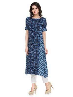 blue printed rayon A-line kurta 6