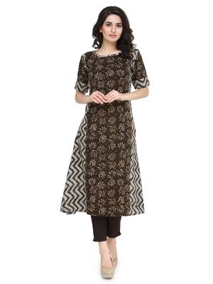Indibelle brown printed rayon A-line kurta 1