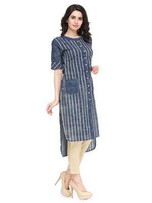 Indibelle blue striped printed cotton High-Low kurta 4