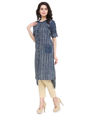 Indibelle blue striped printed cotton High-Low kurta 5