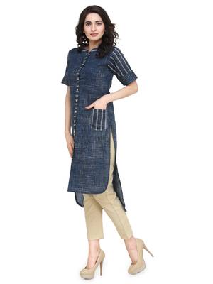Indibelle blue bluprinted cotton High-Low kurta 5