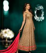 Priyanka Chopra Beige Embroidery Soft Net Semi Stitched Designer Party Wear Anarkali Suit