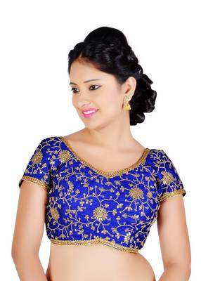 Royal Blue Floral Embroidery Silk Readymade Blouse 1