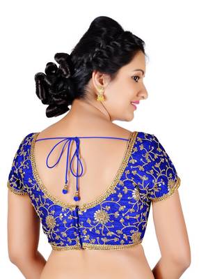 Royal Blue Floral Embroidery Silk Readymade Blouse 2