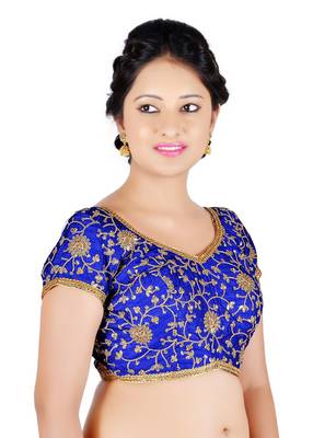 Royal Blue Floral Embroidery Silk Readymade Blouse 3