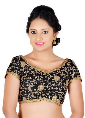 Black Floral Embroidery Silk Readymade Blouse 1