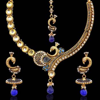 Blue stones peacock on a branch kundan pearl necklace set by adiva v331b 1
